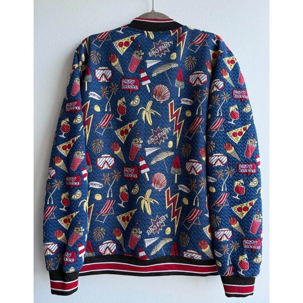 ZARA Men's Size XL Jacquard Graphic Bomber Jacket Blue Multi EUC Retro Rare $129 - Picture 5 of 9
